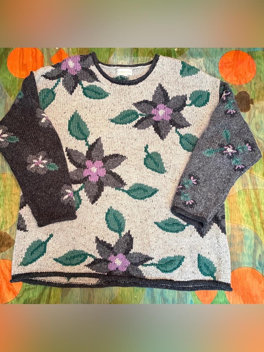 Vintage Northern Isles Knit Sweater Womens XLarge Flowers Purple Green Black Gra